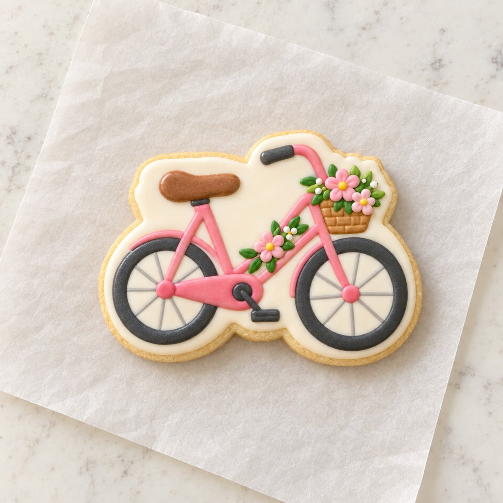 Floral Bicycle Outline Cookie Cutter (decorated cookie mockup)