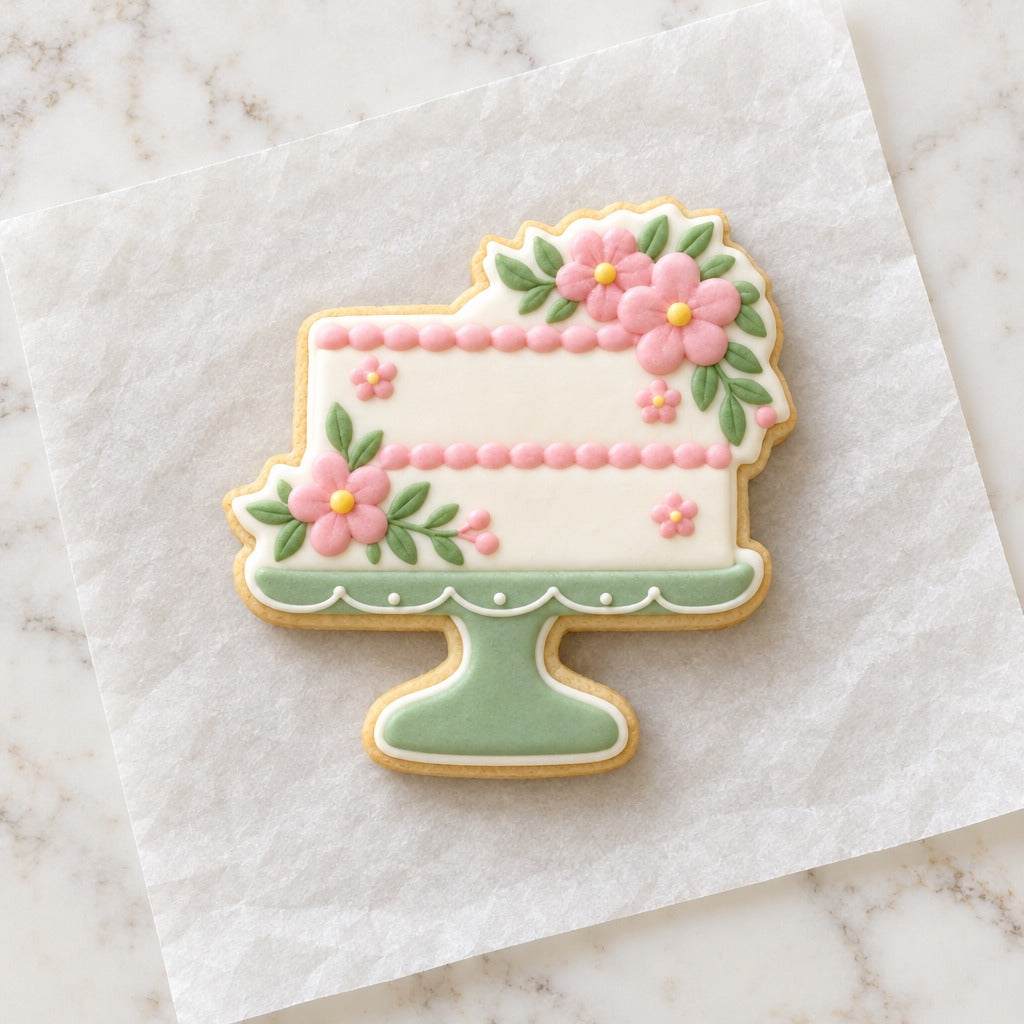 Floral Cake on Stand Cookie Cutter (decorated cookie mockup)