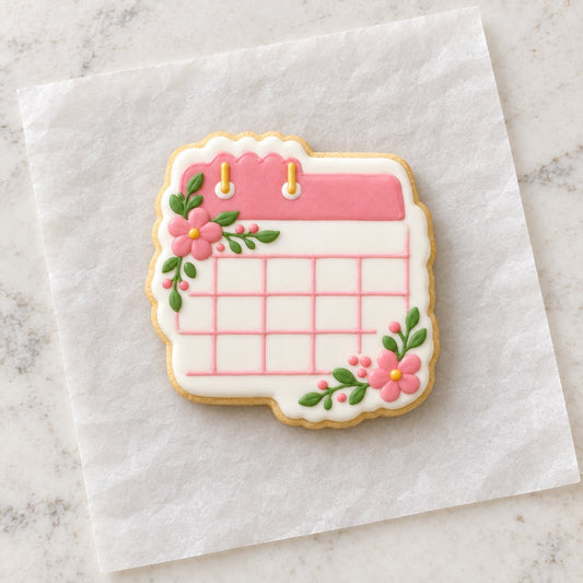 Floral Calendar Cookie Cutter (decorated cookie mockup)