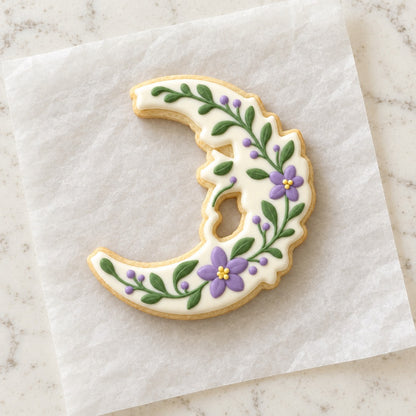 Floral Crescent Moon Cookie Cutter (decorated cookie mockup)
