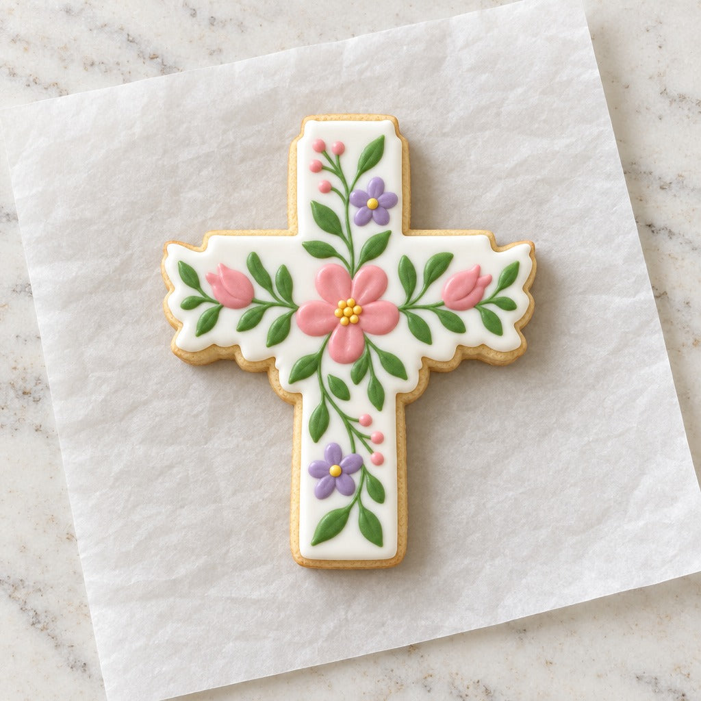 Floral Cross Cookie Cutter (decorated cookie mockup)