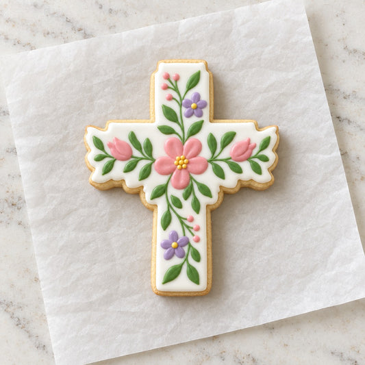 Floral Cross Cookie Cutter (decorated cookie mockup)