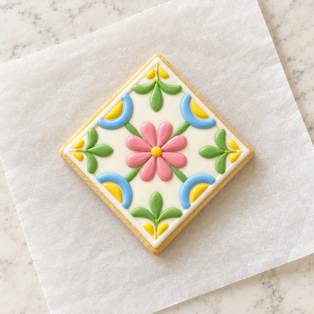 Floral Square Tile Cookie Cutter (decorated cookie mockup)
