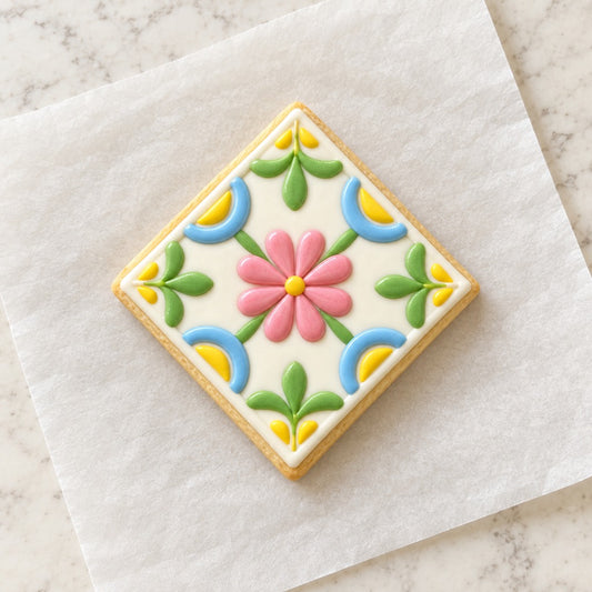 Floral Square Tile Cookie Cutter (decorated cookie mockup)