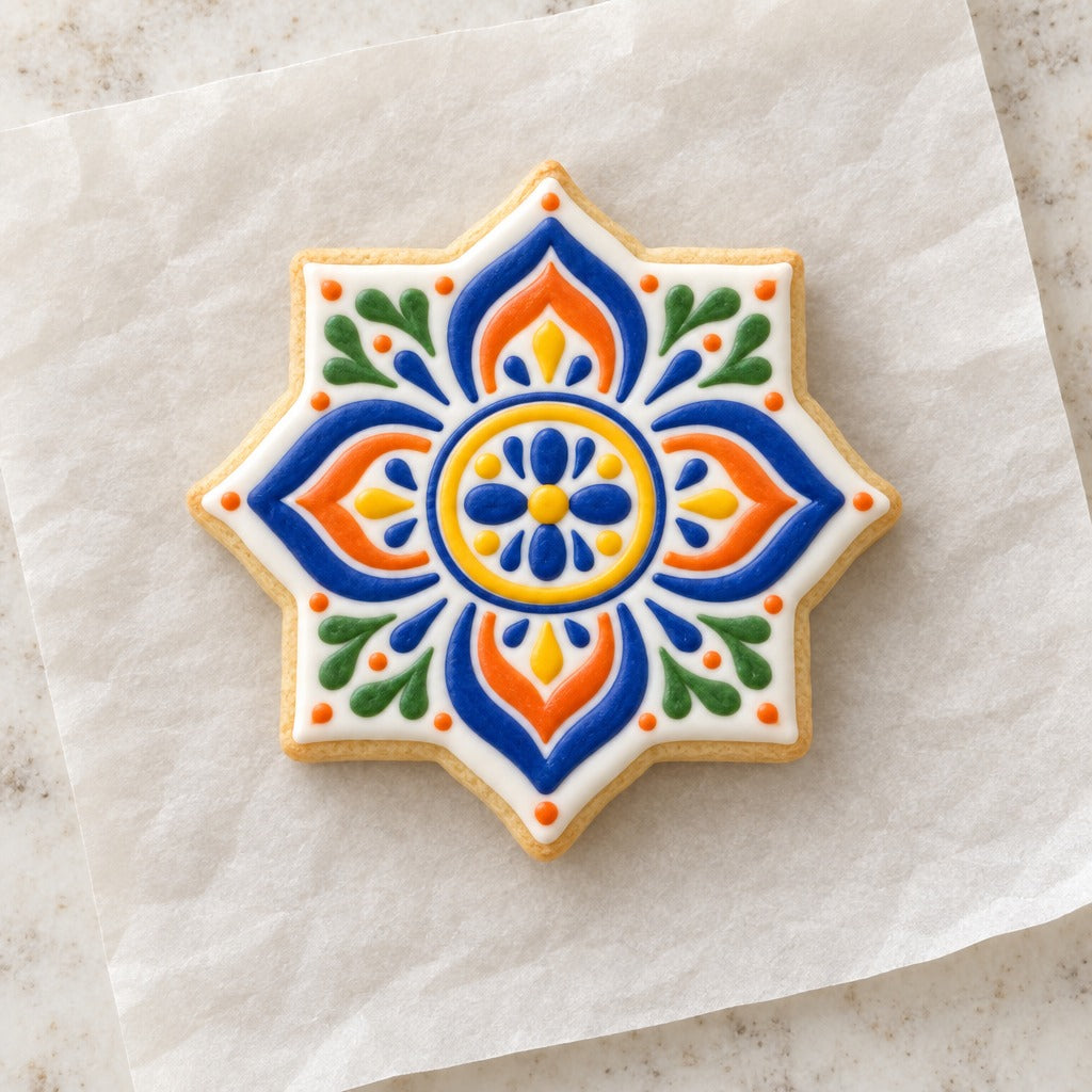 Floral Talavera Flower Cookie Cutter (decorated cookie mockup)