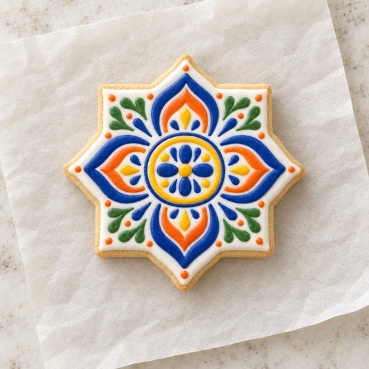 Floral Talavera Flower Cookie Cutter (decorated cookie mockup)