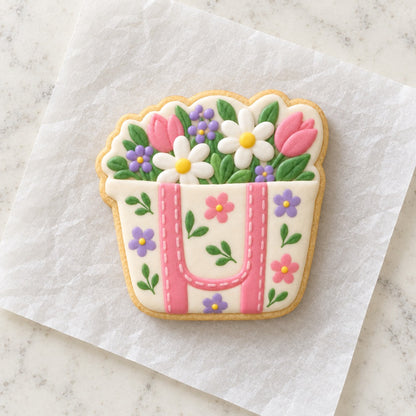 Floral Tote Bag Outline Cookie Cutter (decorated cookie mockup)
