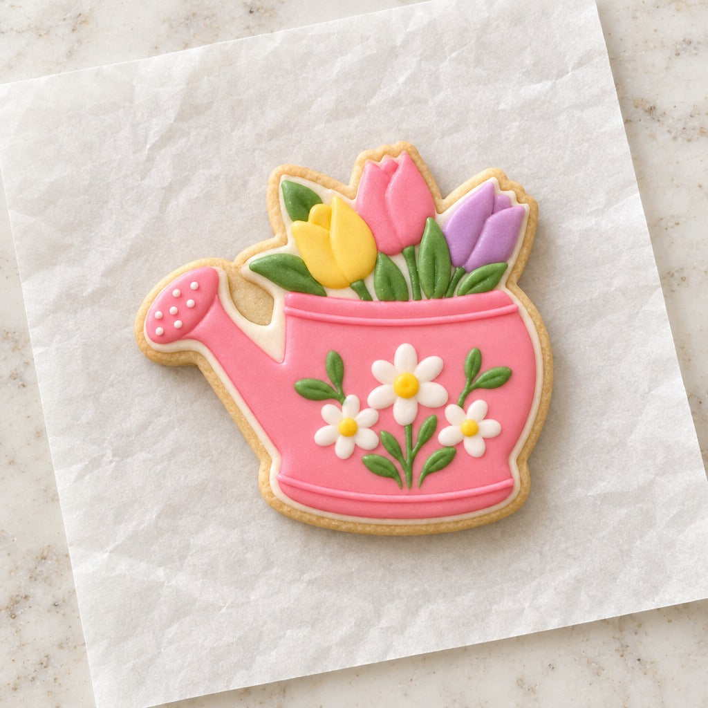 Floral Watering Can Cookie Cutter (decorated cookie mockup)
