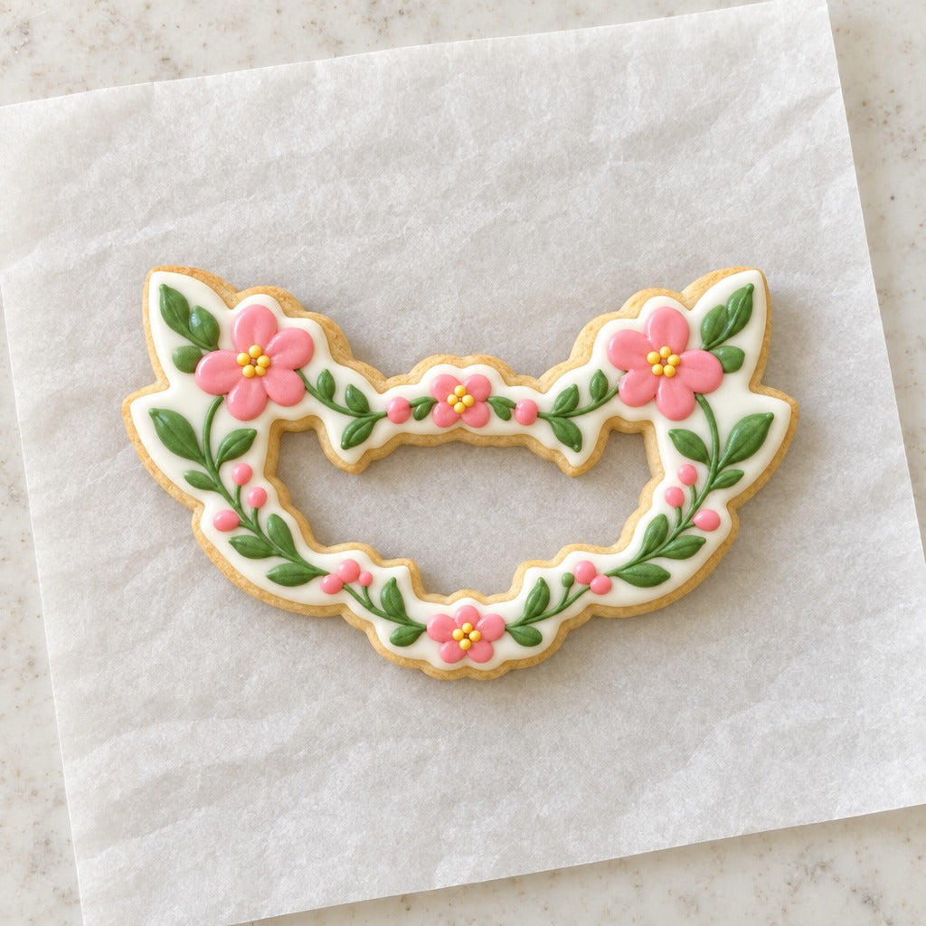 Floral Wreath Outline Cookie Cutter (decorated cookie mockup)