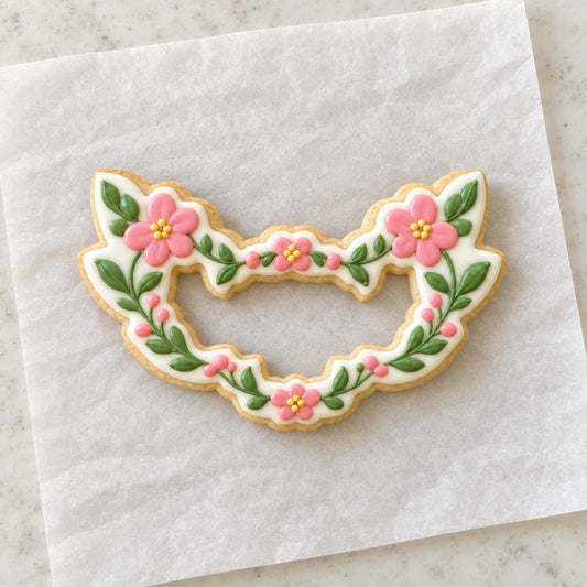 Floral Wreath Outline Cookie Cutter (decorated cookie mockup)