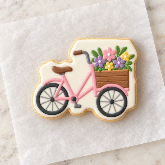 Flower Cart Bicycle Cookie Cutter (decorated cookie mockup)