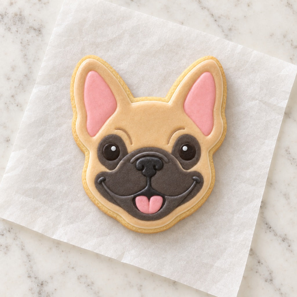 Frenchie Face Cookie Cutter (decorated cookie mockup)