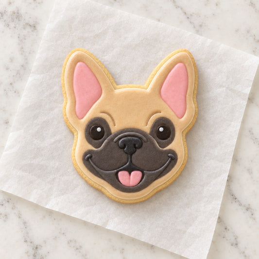 Frenchie Face Cookie Cutter (decorated cookie mockup)