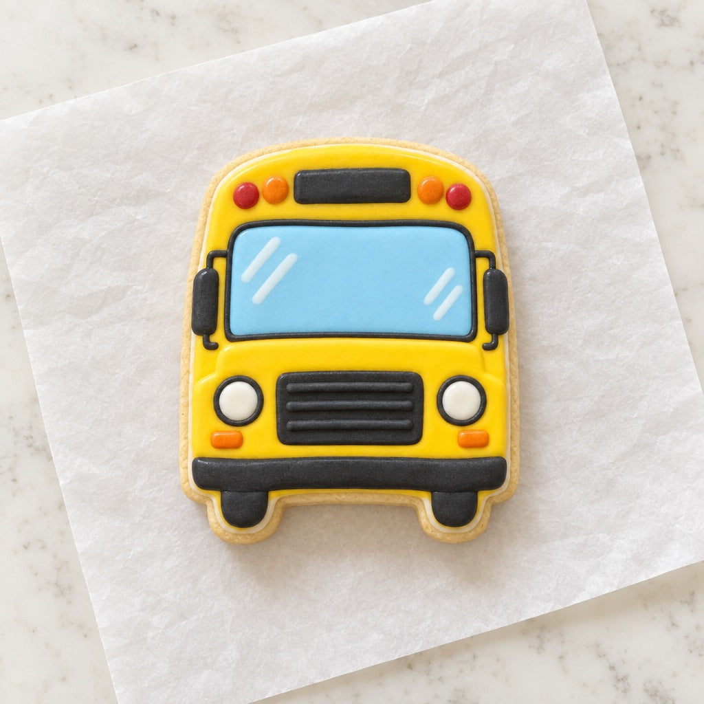 Front of Bus Outline Cookie Cutter (decorated cookie mockup)