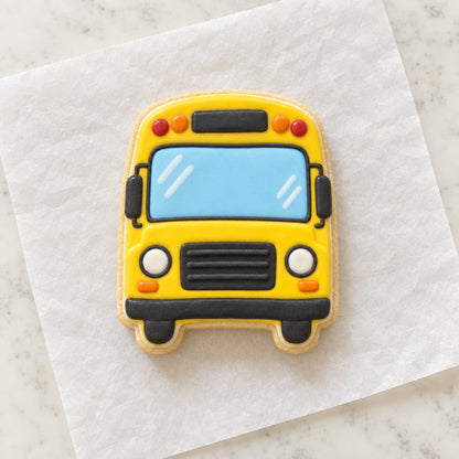 Front of Bus Outline Cookie Cutter (decorated cookie mockup)