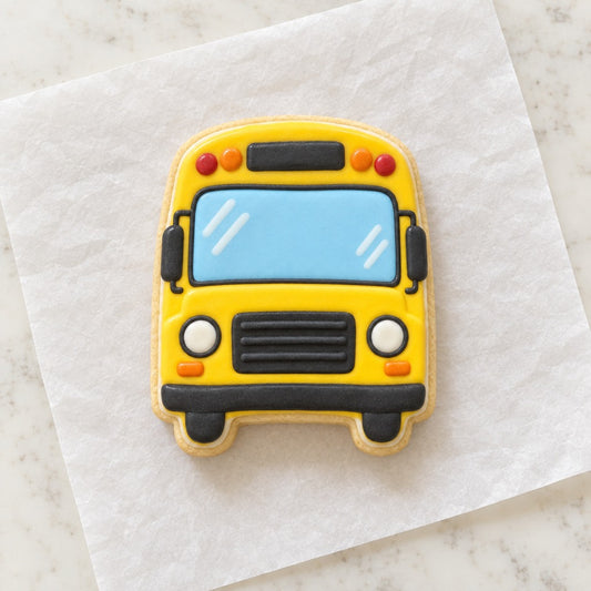 Front of Bus Outline Cookie Cutter (decorated cookie mockup)