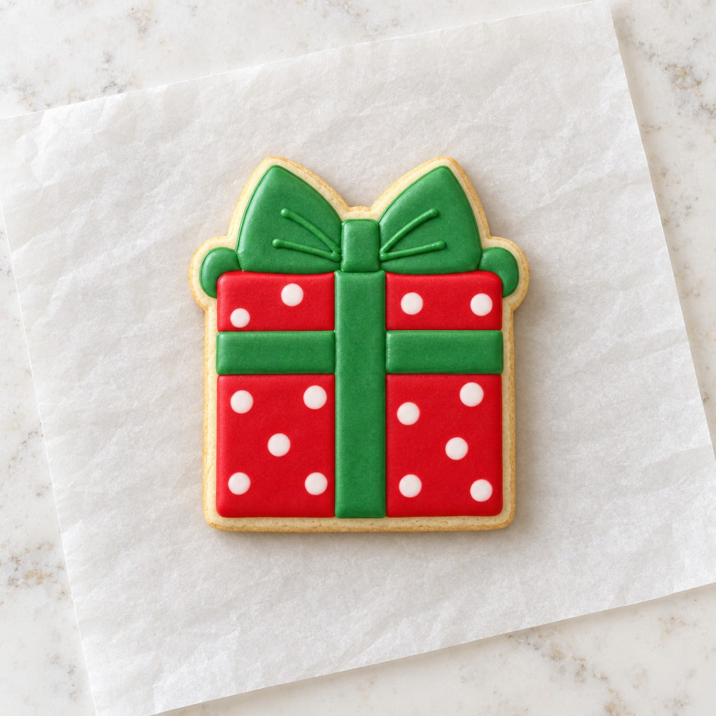 Gift Box Cookie Cutter (decorated cookie mockup)