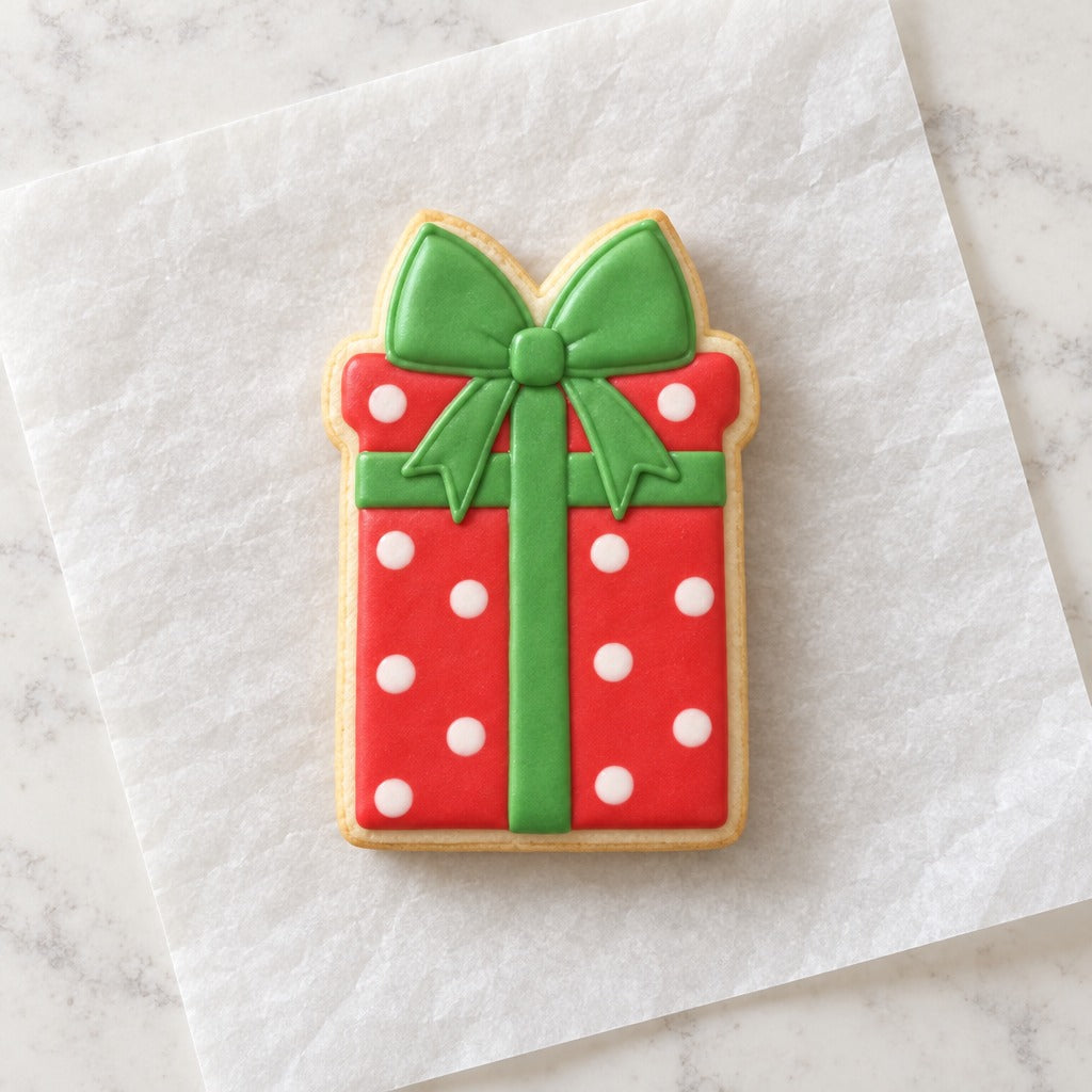 Gift Box Tall Cookie Cutter (decorated cookie mockup)