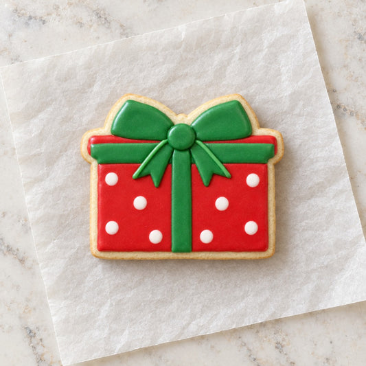 Gift Box Wide Cookie Cutter (decorated cookie mockup)