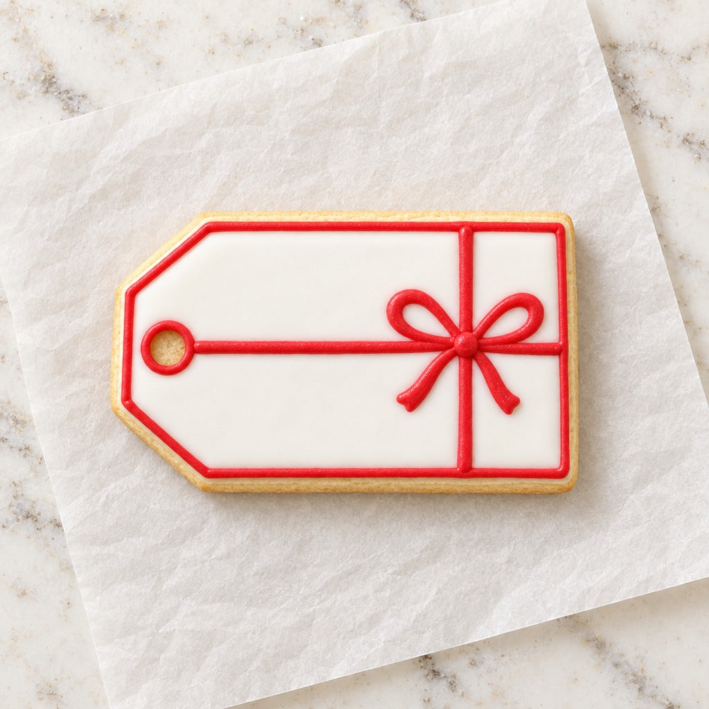 Gift Tag Cookie Cutter (decorated cookie mockup)