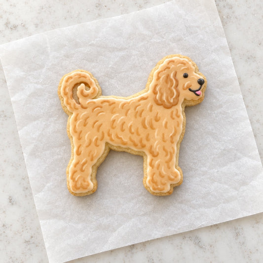 Goldendoodle Outline Cookie Cutter (decorated cookie mockup)