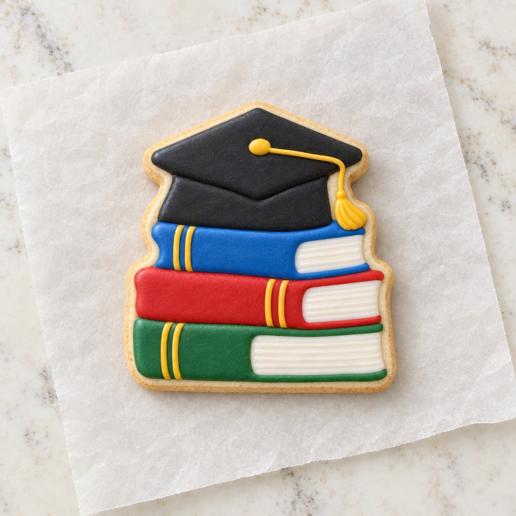 Grad Cap Book Stack Cookie Cutter (decorated cookie mockup)