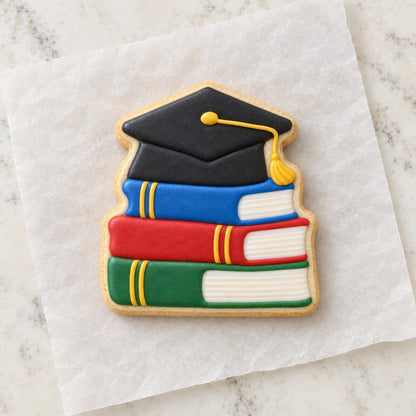 Grad Cap Book Stack Cookie Cutter (decorated cookie mockup)