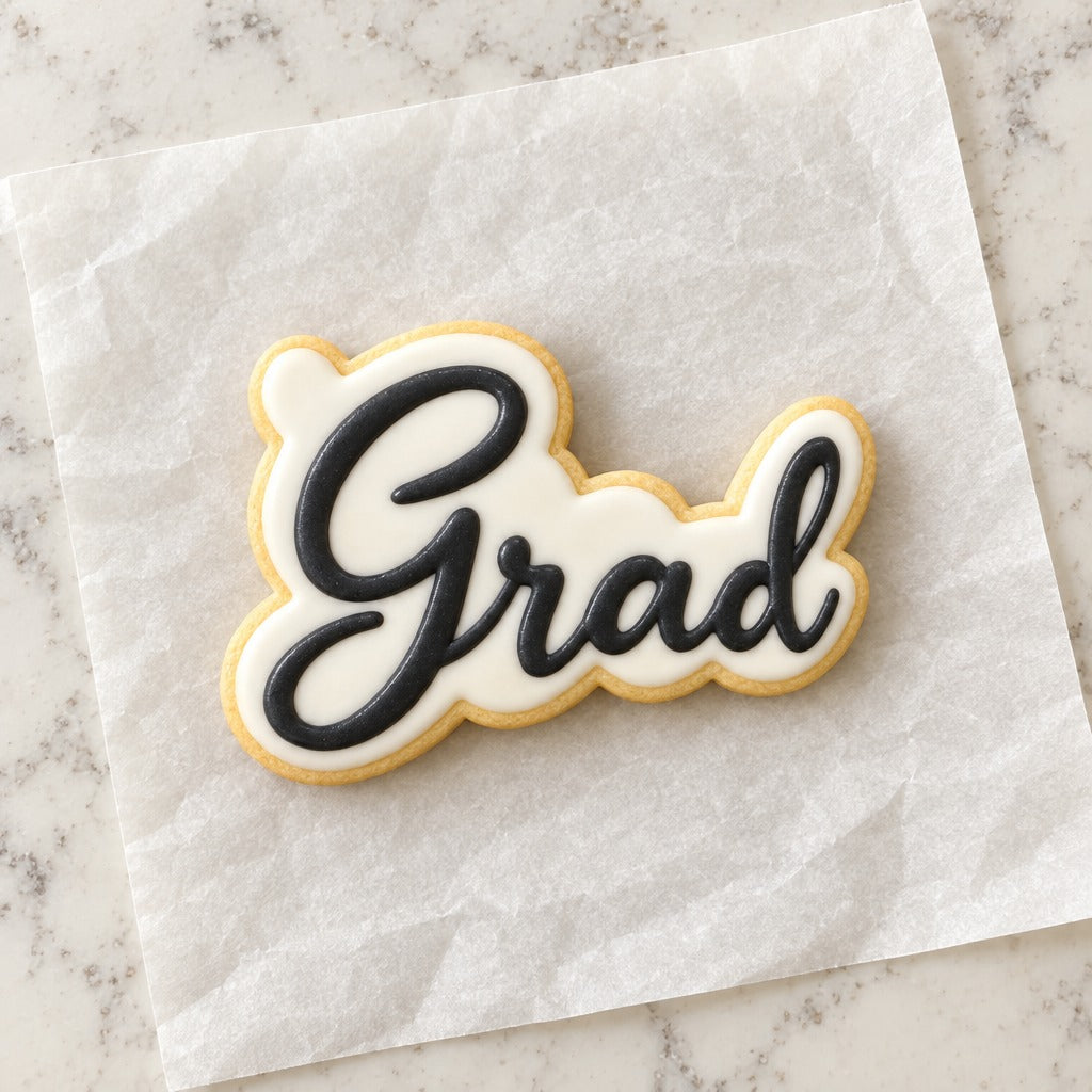 Grad Script Outline Cookie Cutter (decorated cookie mockup)
