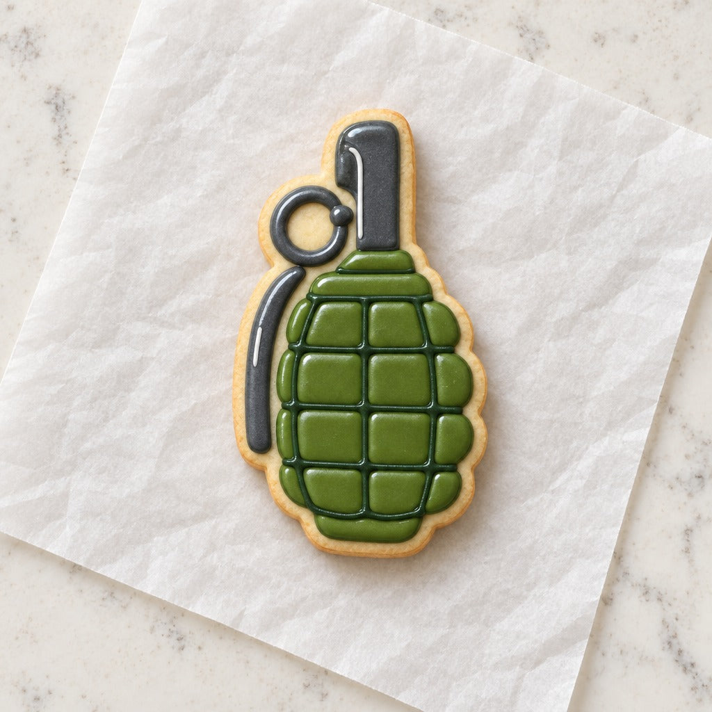 Grenade Cookie Cutter (decorated cookie mockup)