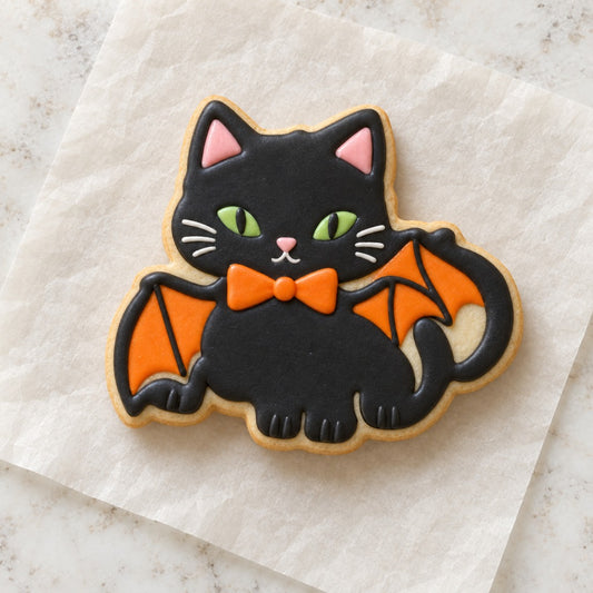 Halloween Cat with Bat Wings Cookie Cutter (decorated cookie mockup)