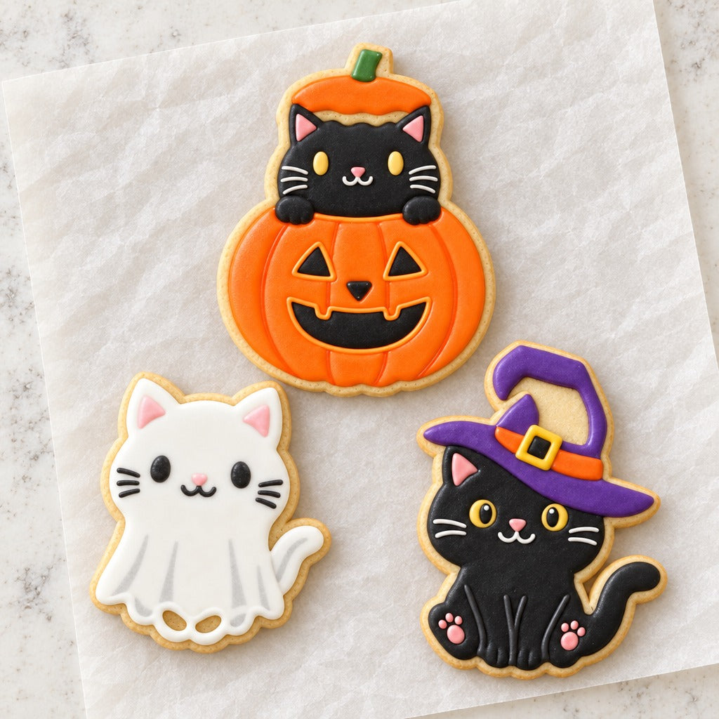 Halloween Cats Cookie Cutter Set (decorated cookie mockup)