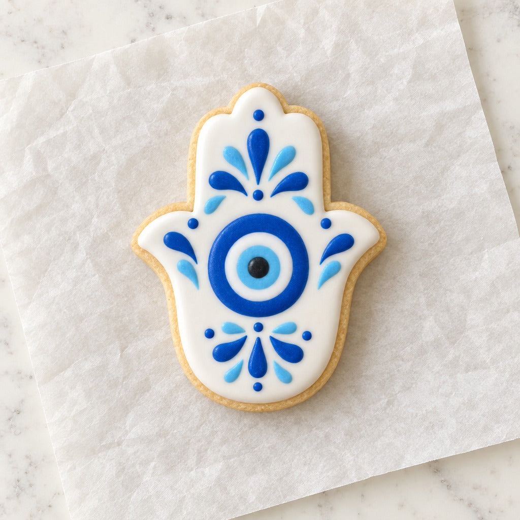 Hamsa Hand Outline Cookie Cutter (decorated cookie mockup)