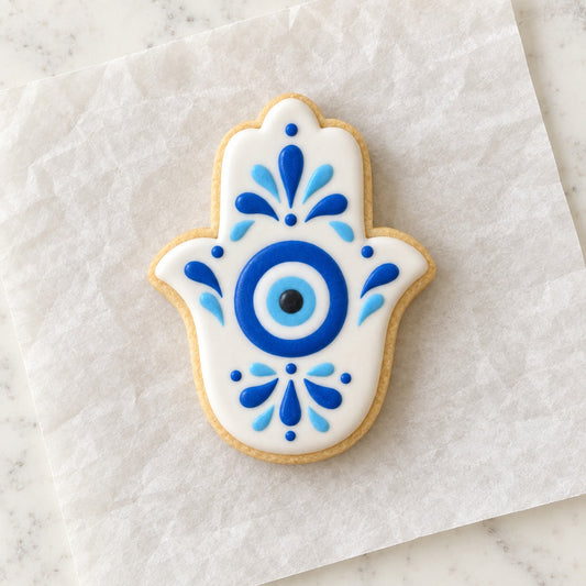 Hamsa Hand Outline Cookie Cutter (decorated cookie mockup)