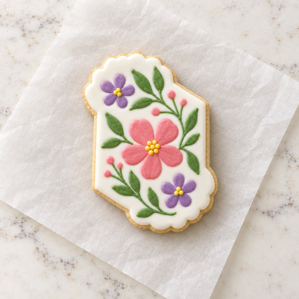 Hexagon Floral Cookie Cutter (decorated cookie mockup)