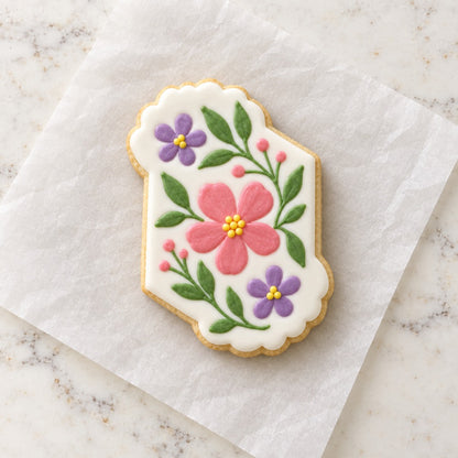 Hexagon Floral Cookie Cutter (decorated cookie mockup)