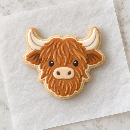 Highland Cow Outline Cookie Cutter (decorated cookie mockup)