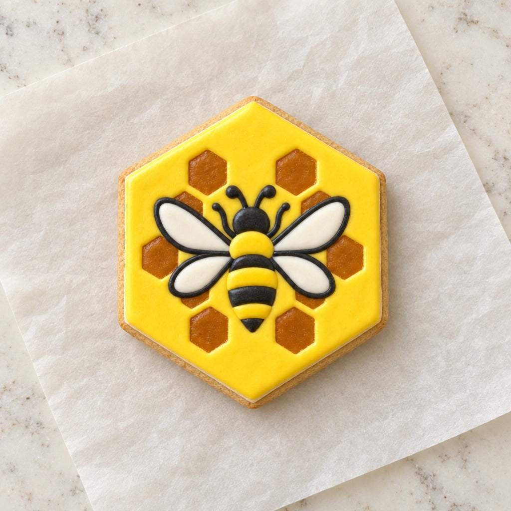 Honeycomb Bee Cookie Cutter (decorated cookie mockup)