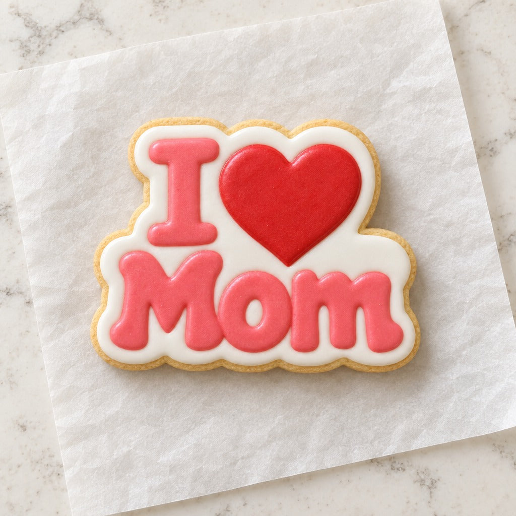I Heart Mom Outline Cookie Cutter (decorated cookie mockup)