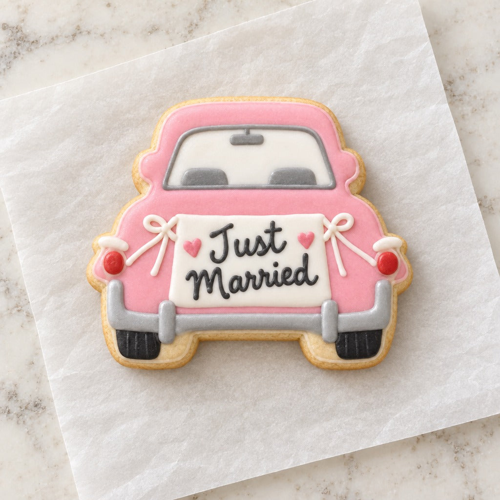 Just Married Car Cookie Cutter (decorated cookie mockup)