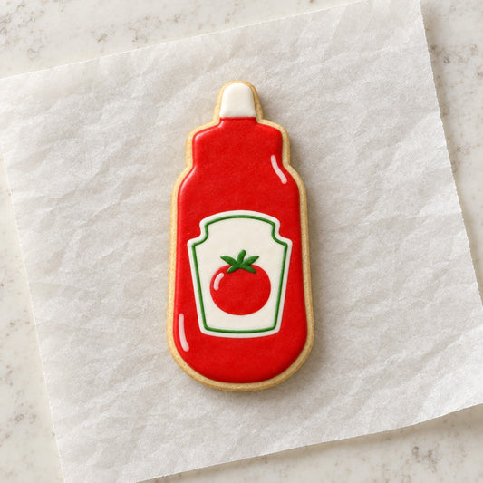 Ketchup Bottle Cookie Cutter (decorated cookie mockup)