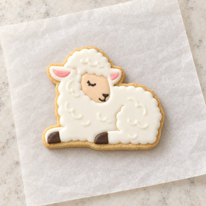 Lamb Sitting Cookie Cutter (decorated cookie mockup)
