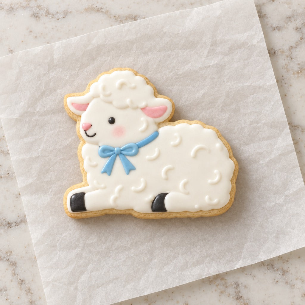 Lamb Sitting Outline Cookie Cutter (decorated cookie mockup)