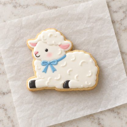 Lamb Sitting Outline Cookie Cutter (decorated cookie mockup)