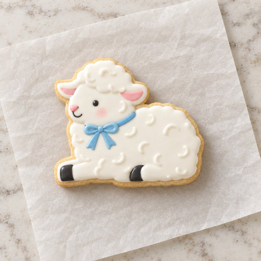 Lamb Sitting Outline Cookie Cutter (decorated cookie mockup)