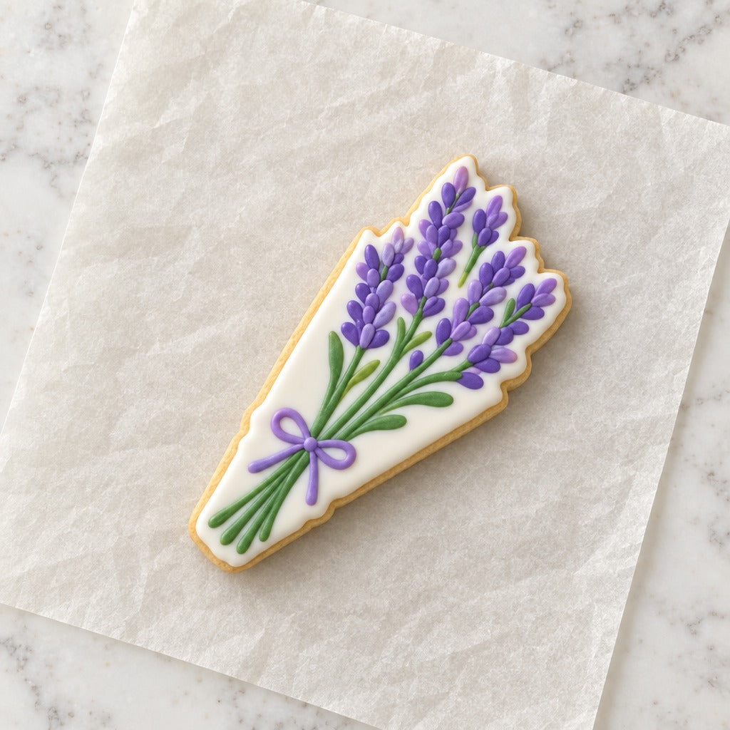 Lavender Bouquet Cookie Cutter (decorated cookie mockup)