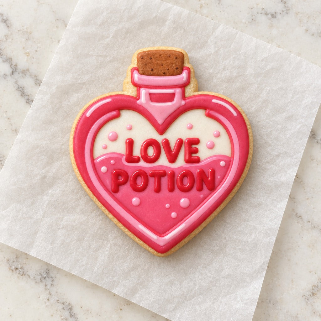 Love Potion Cookie Cutter (decorated cookie mockup)