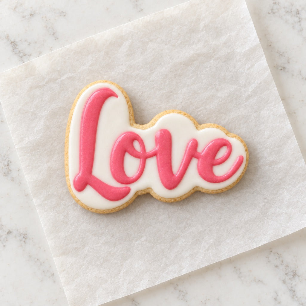 Love Script Outline Cookie Cutter (decorated cookie mockup)