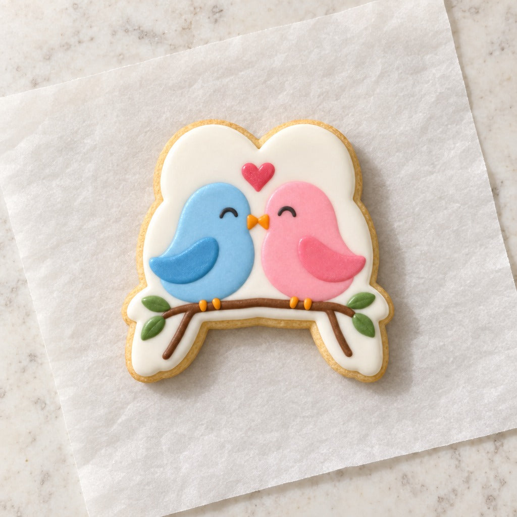 Lovebirds Outline Cookie Cutter (decorated cookie mockup)