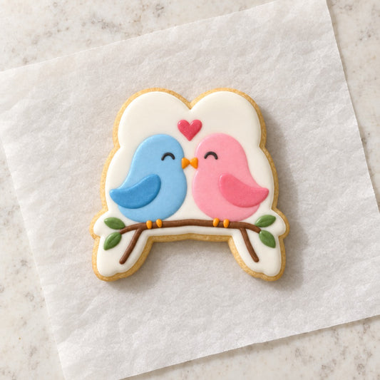 Lovebirds Outline Cookie Cutter (decorated cookie mockup)