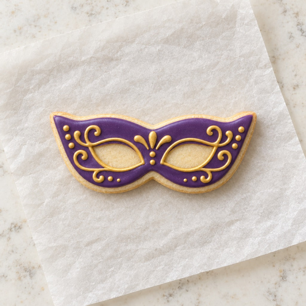 Pointed Masquerade Mask Cookie Cutter (decorated cookie mockup)